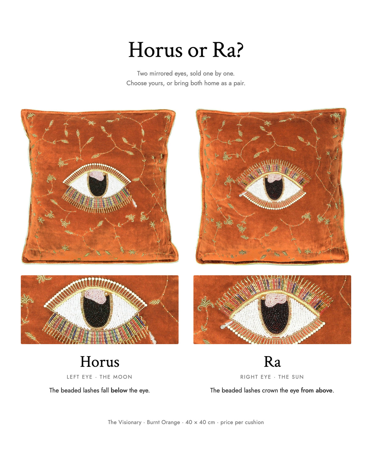 Horus or Ra? The Visionary Burnt Orange: Horus has the beaded lashes below the eye, Ra above — La Fleury