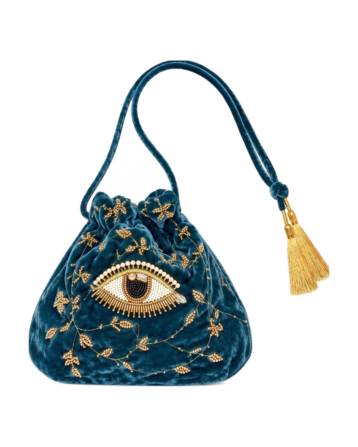 The Imagine Pouch in Teal velvet, hand embroidered eye with gold beads — La Fleury