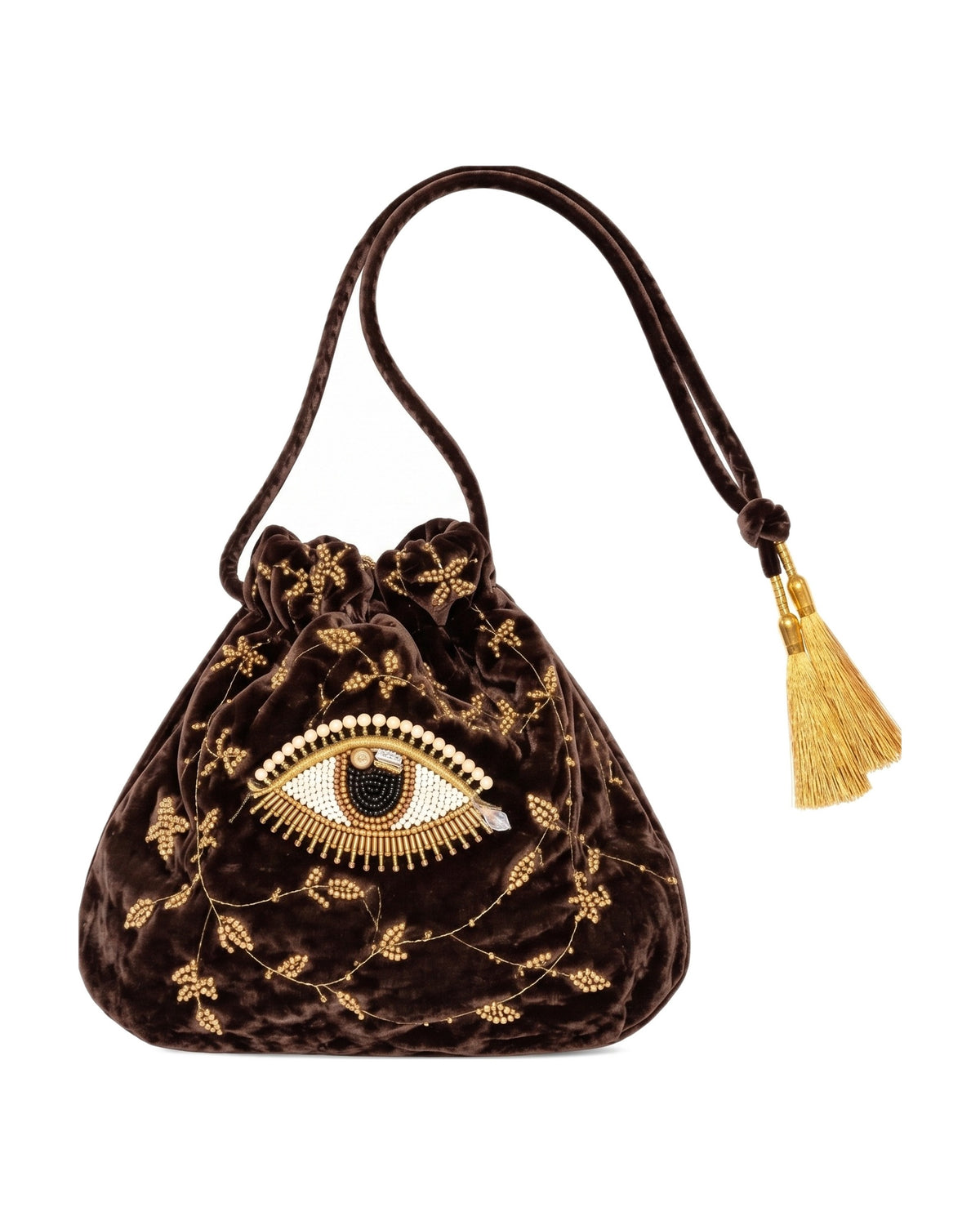 The Imagine Pouch in Brown velvet, hand embroidered eye with gold beads — La Fleury