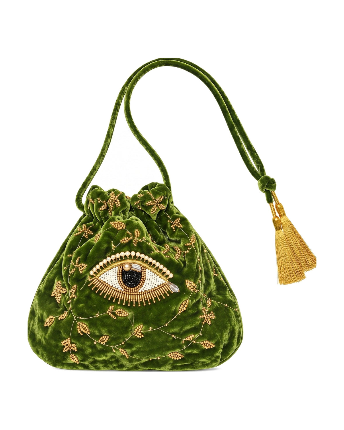 The Imagine Pouch in Green velvet, hand embroidered eye with gold beads — La Fleury