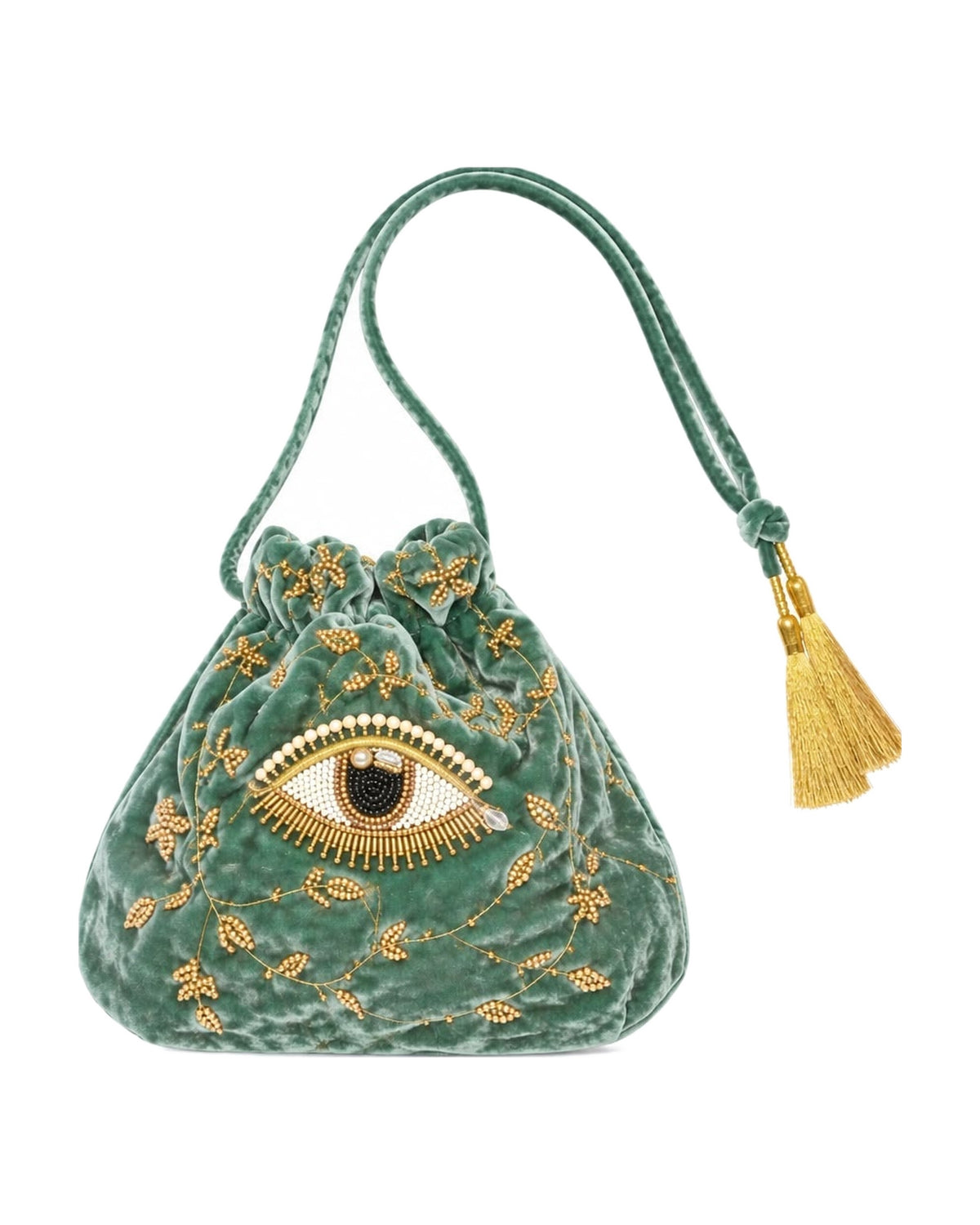 The Imagine Pouch in Sage velvet, hand embroidered eye with gold beads — La Fleury