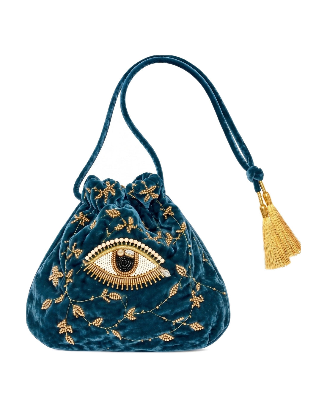 The Imagine Pouch in Teal velvet, hand embroidered eye with gold beads — La Fleury